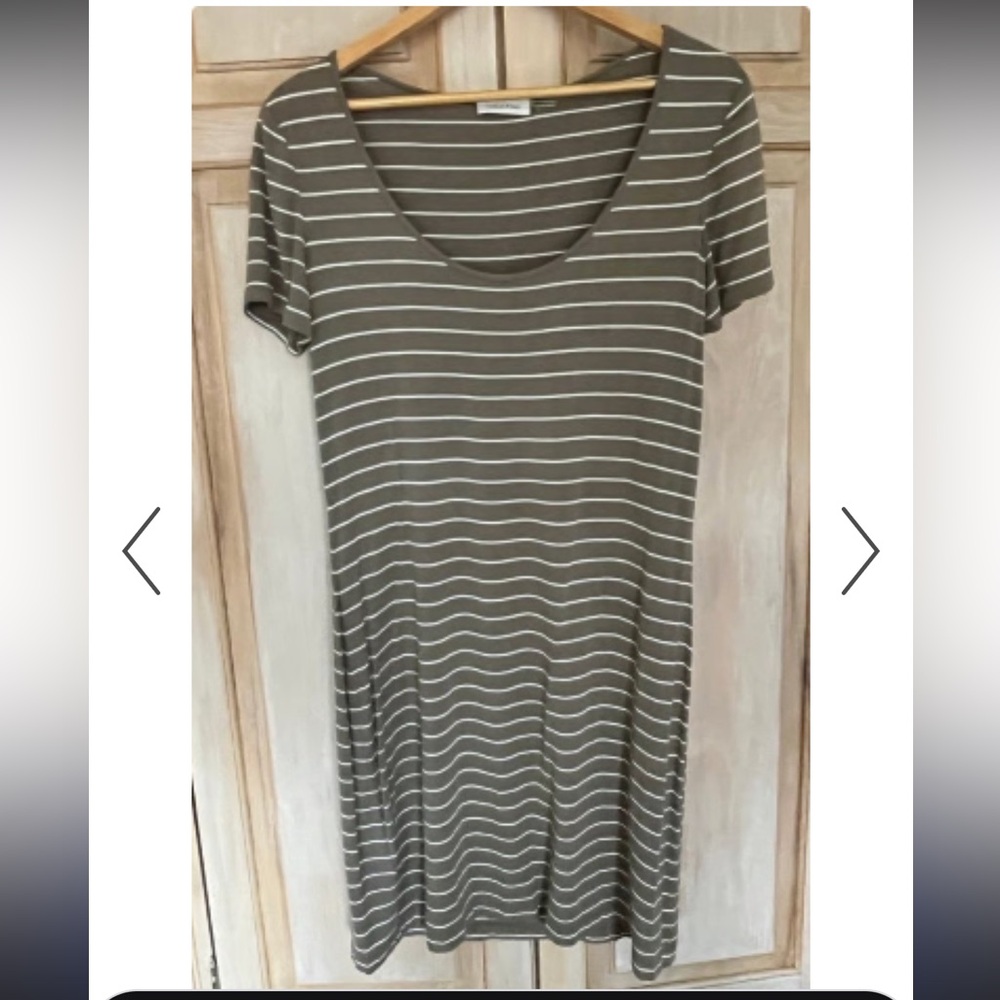 Calvin Klein Taupe and White Striped Scoop-Neck Midi Dress